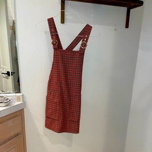 Brick red fabric overalls mini dress